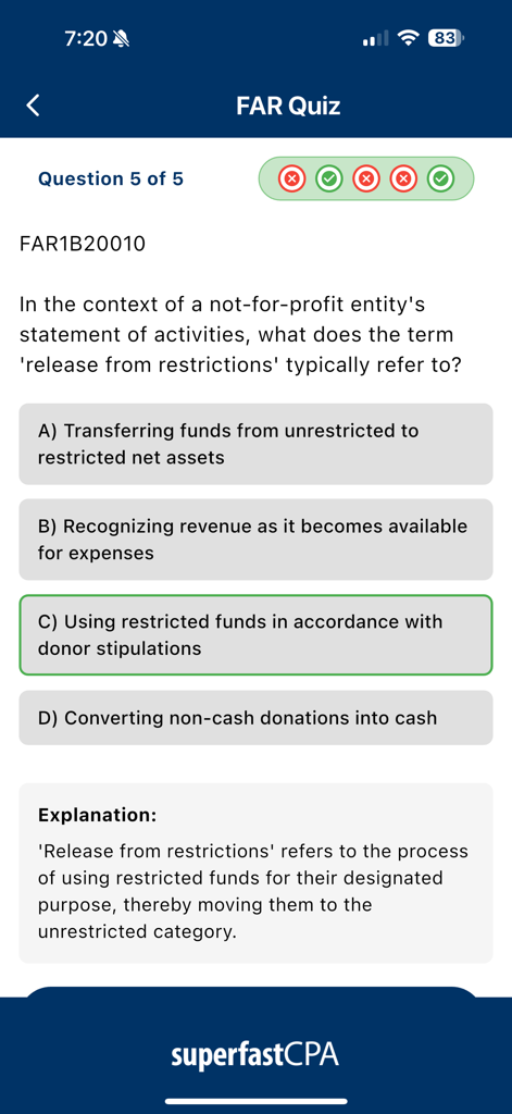 SuperfastCPA - SuperfastCPA app interface showing a FAR quiz question with the correct answer selected and a detailed explanation below.