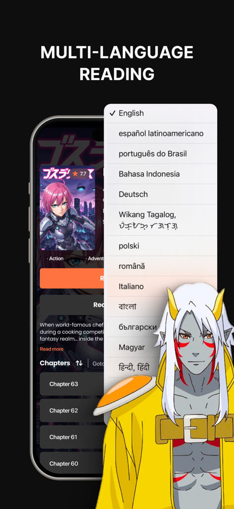 Manga Reader Infinity app interface showing a dropdown menu with multiple language options for reading manga
