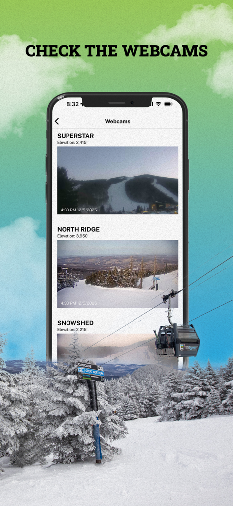 Killington Resort - Killington Resort app screen displaying live mountain webcams for real-time trail and weather monitoring.