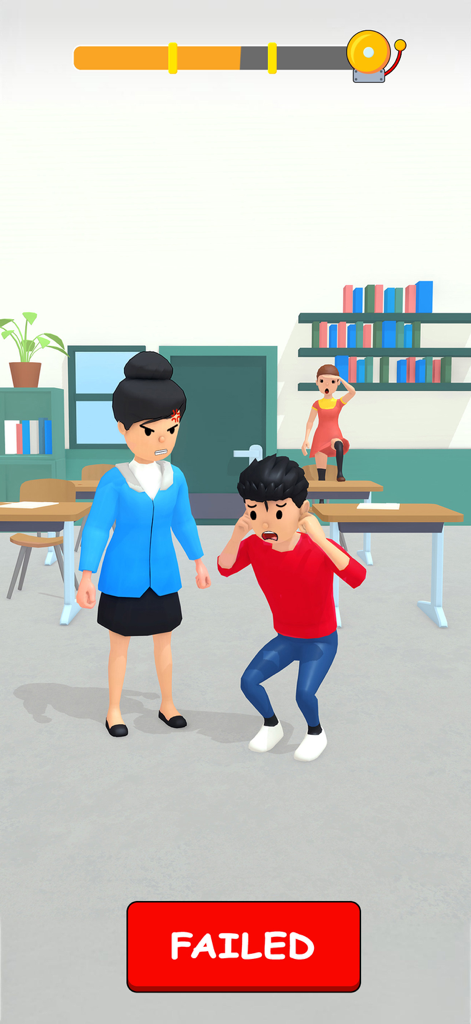 Pass or Fail - School Games - An angry teacher character stands over a distressed student in a classroom with a large red FAILED button
