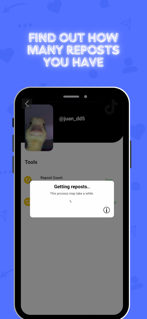 SocialAut app screenshot showing a loading pop-up for counting social media reposts on a user profile