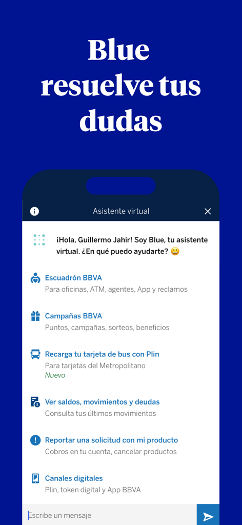 BBVA Perú | Banca Móvil - Interface de l'application BBVA Pérou présentant Blue, l'assistant virtuel, avec les options de support client