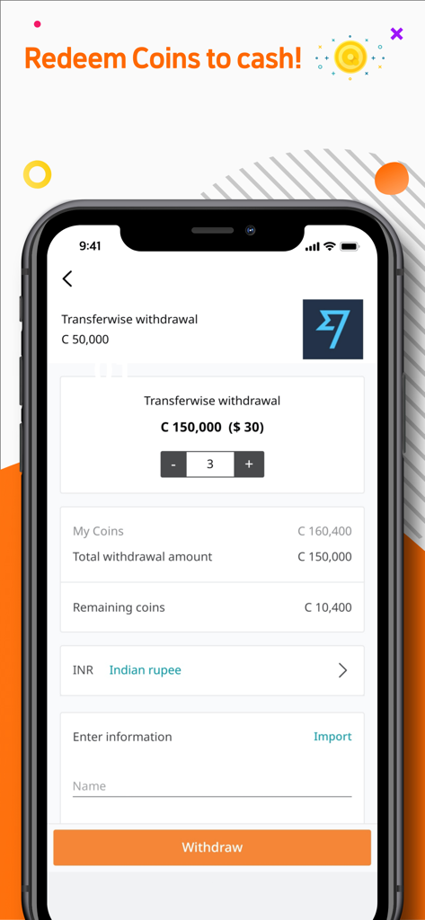 Qanda Teacher : Solve and earn - Qanda Teacher app screen showing how to redeem earned coins for cash via Transferwise.