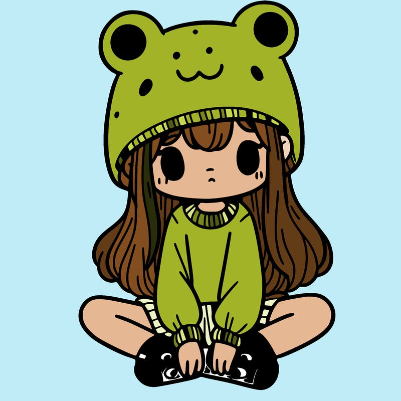 a girl wearing a frog hat and some frog socks