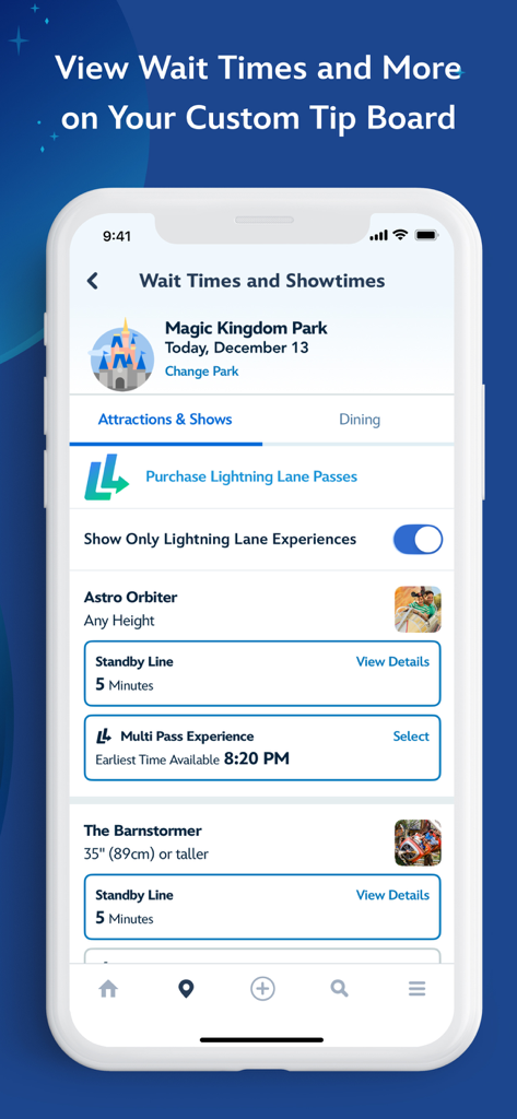 Tela do aplicativo My Disney Experience exibindo tempos de espera de atrações e opções de Lightning Lane para o Magic Kingdom Park
