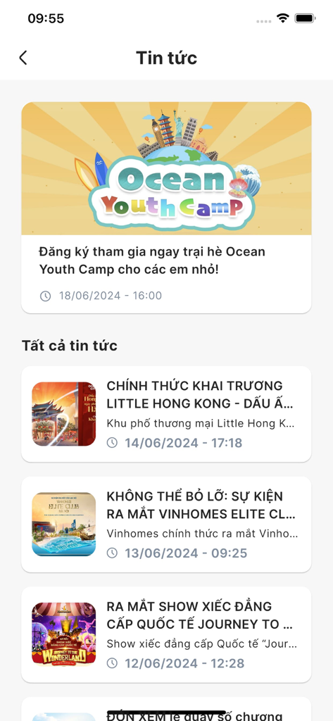 News section of the Vinhomes Resident app showing community activities and property announcements