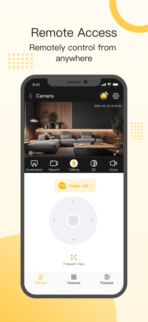Qsee - Smart Home - Mobile app interface for Qsee Smart Home showing remote camera control and live video streaming of a living room.