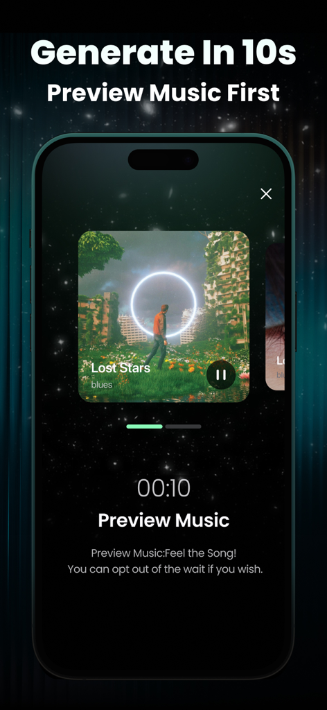 Sonus AI Song Music Generator - Interface of the Sonus AI app showing a music preview screen for a song titled Lost Stars