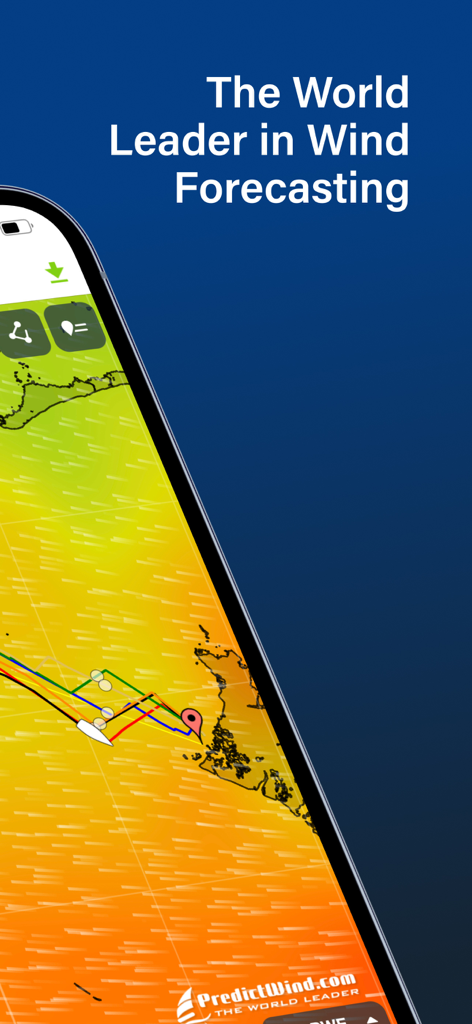 PredictWind Offshore Weather - Mobile screen displaying PredictWind offshore wind forecasting and weather routing