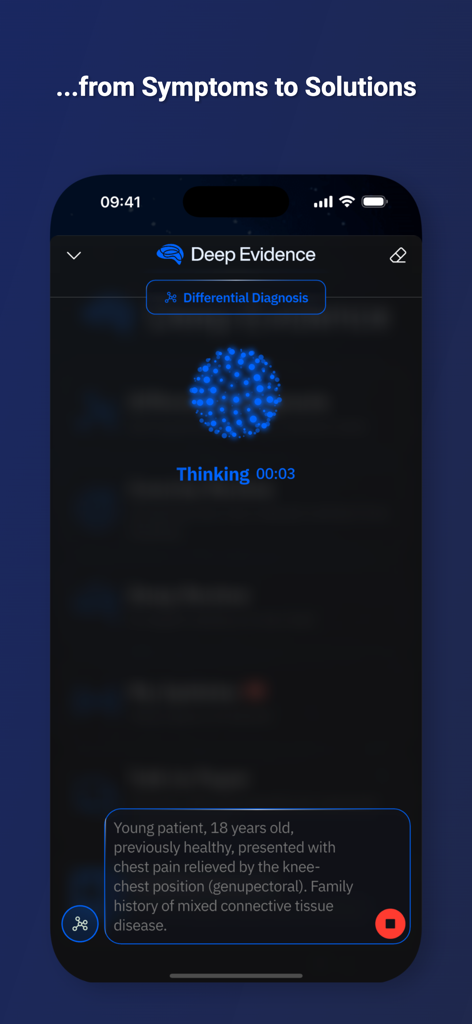 Deep Evidence: Clinical AI - Deep Evidence app interface showing an AI-powered differential diagnosis for a patient case study.