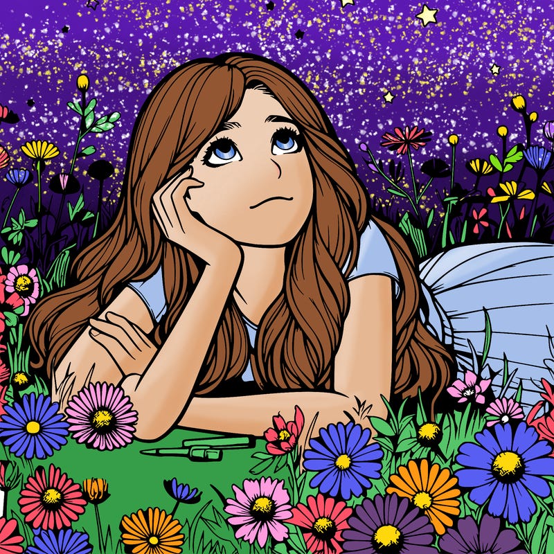 realistic girl laying in a flower field looking up