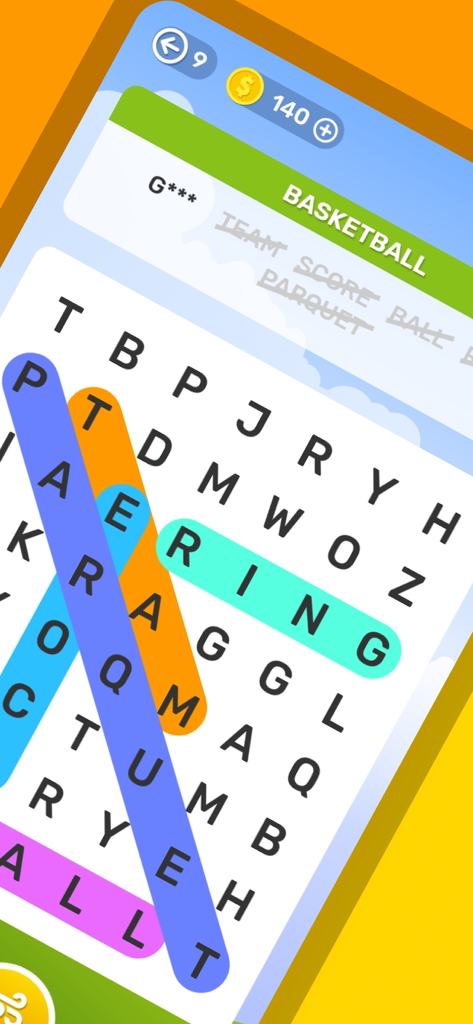 Word Search: Crossword Puzzle. - Interfaz de un juego móvil de sopa de letras que muestra una cuadrícula de letras con palabras encontradas resaltadas en colores vibrantes bajo un tema de baloncesto.