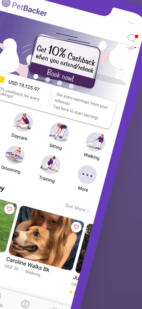 PetBacker: Dog Cat Pet Sitting - ペットのデイケア、シッティング、散歩、トリミングサービスのオプションが表示されたPetBackerアプリのインターフェース