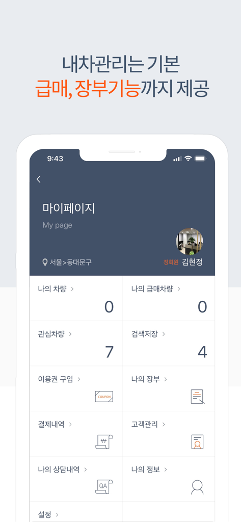Mobile dashboard for car dealers showing inventory management and sales ledger features