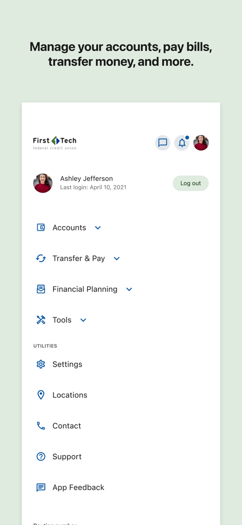 Main navigation menu of the First Tech mobile app showing account management and utility settings