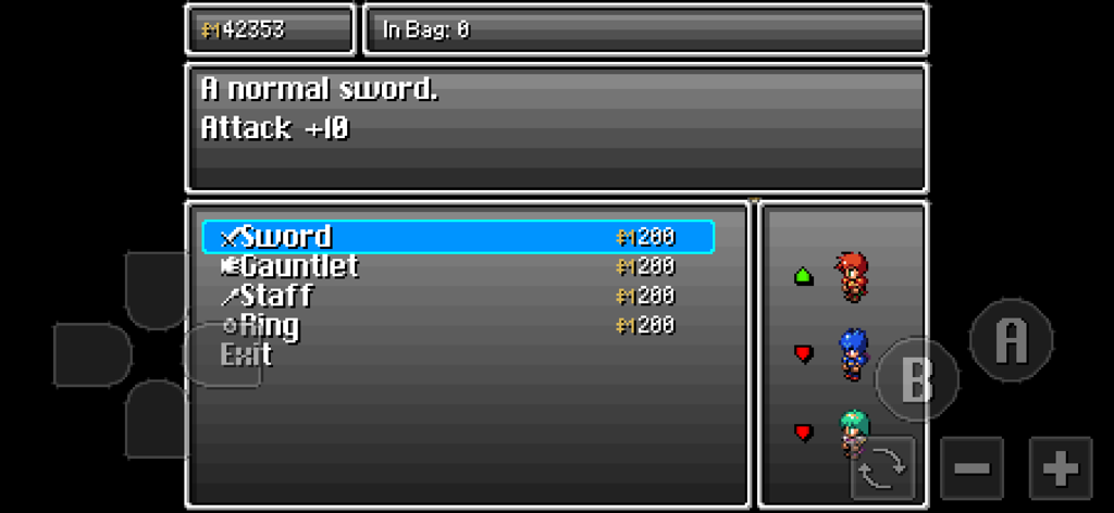 Starlight Legacy - Um menu de loja estilo retrô em Starlight Legacy mostrando estatísticas de armas e comparações de equipamentos de personagens.