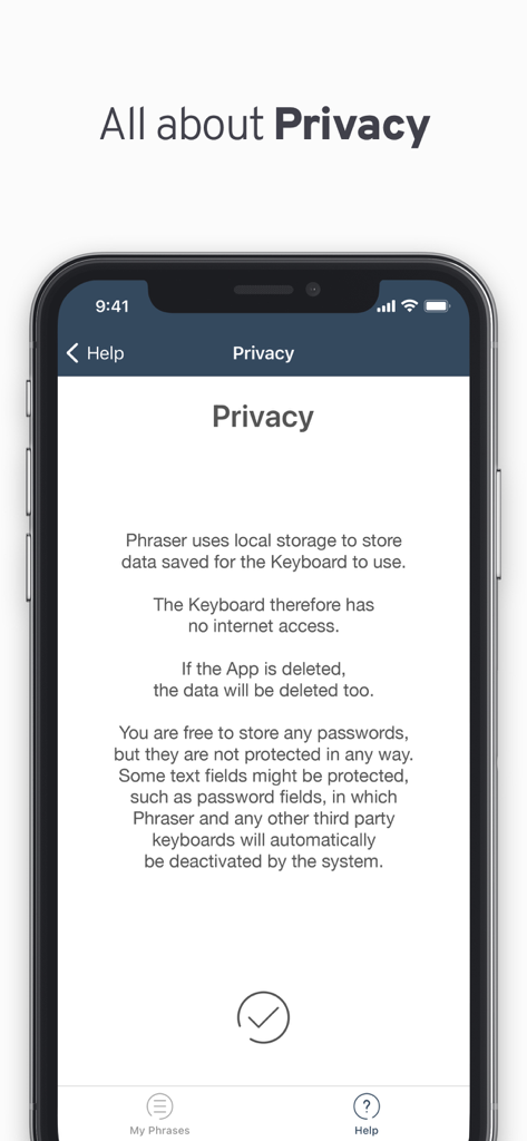 Tela do aplicativo Phraser explicando os recursos de privacidade, incluindo armazenamento de dados local e sem acesso à internet