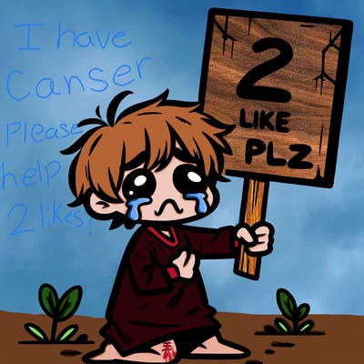small poor toddler crying with sign that says 2 like plz