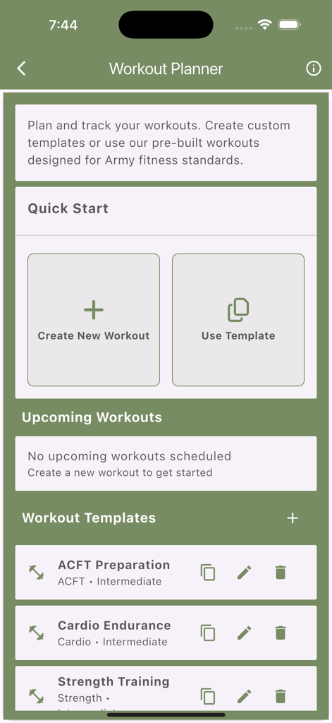 Army Fitness - Workout Planner screen in the Army Fitness app showing ACFT preparation and cardio templates.