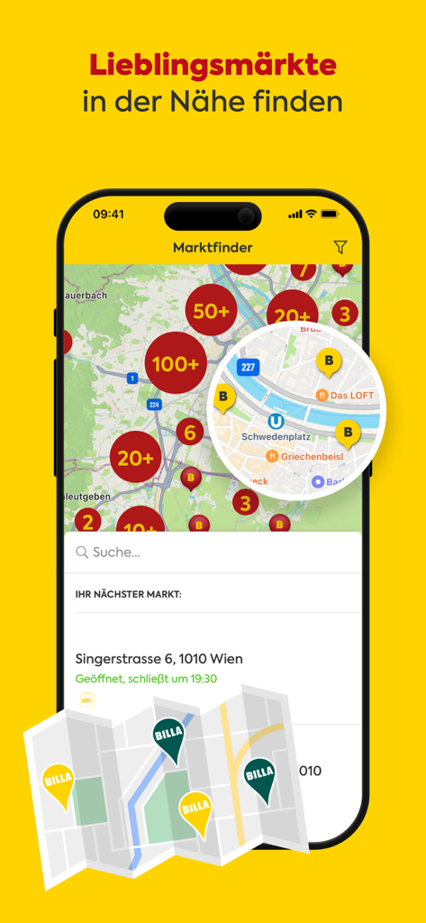 BILLA Mobile App-Oberfläche für die Filialfinder-Funktion, die eine Karte mit Standorten von Lebensmittelgeschäften anzeigt