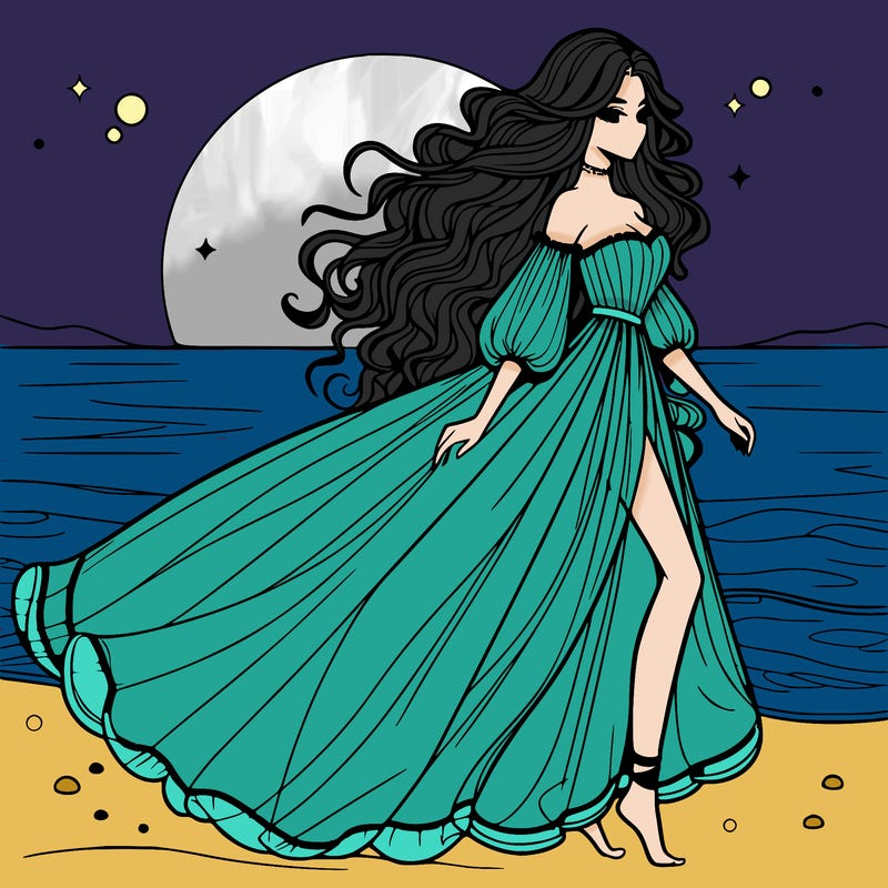 beautiful woman with a vaporous long dress walking on the beach at the noon, detailed art