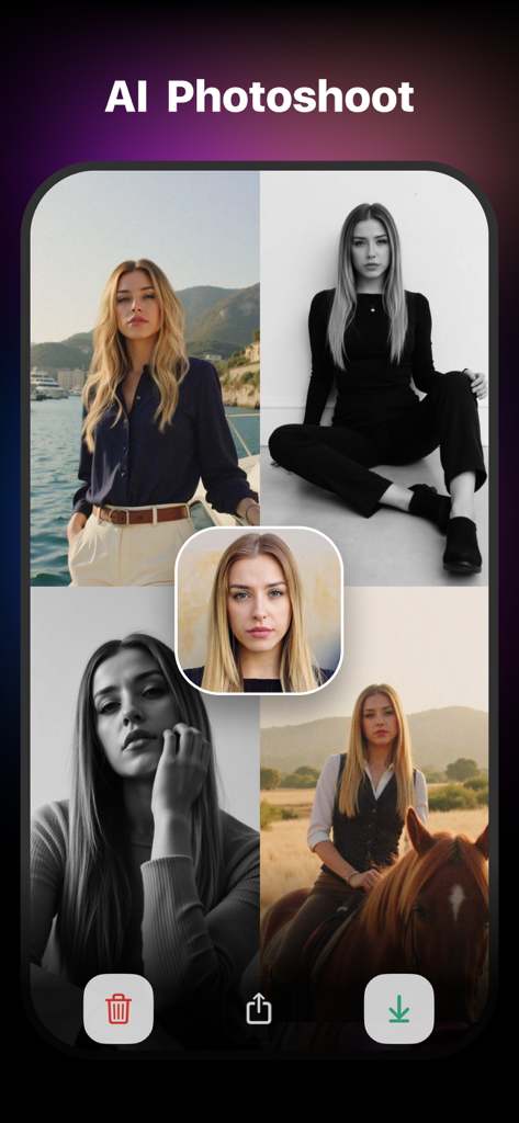 AI Photoshoot feature in the Gradient app showing multiple professional portraits generated from one face