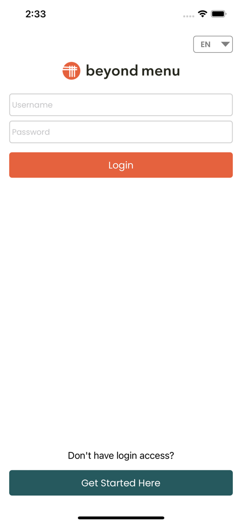 Login screen of the Beyond Menu Restaurant Owner app showing username and password fields.