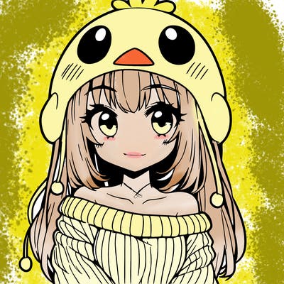 anime girl with chick shaped hat with sweater with bare shoulders with bangs covering them one eye with low tail