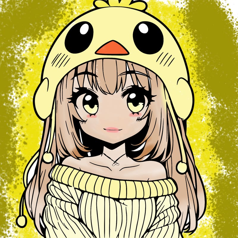 anime girl with chick shaped hat with sweater with bare shoulders with bangs covering them one eye with low tail