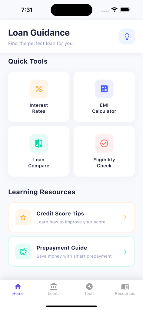 Instant Loan - Calculator App - Main dashboard of the Instant Loan Calculator app featuring quick tools like EMI calculator and loan comparison plus credit score learning resources