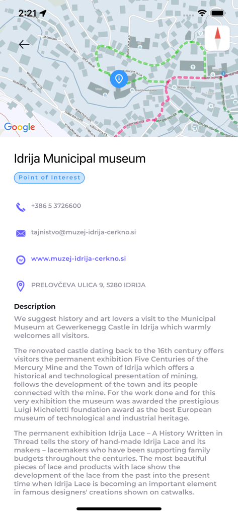 Monolit2Go - Screenshot of Monolit2Go app showing the Idrija Municipal Museum point of interest with map and description