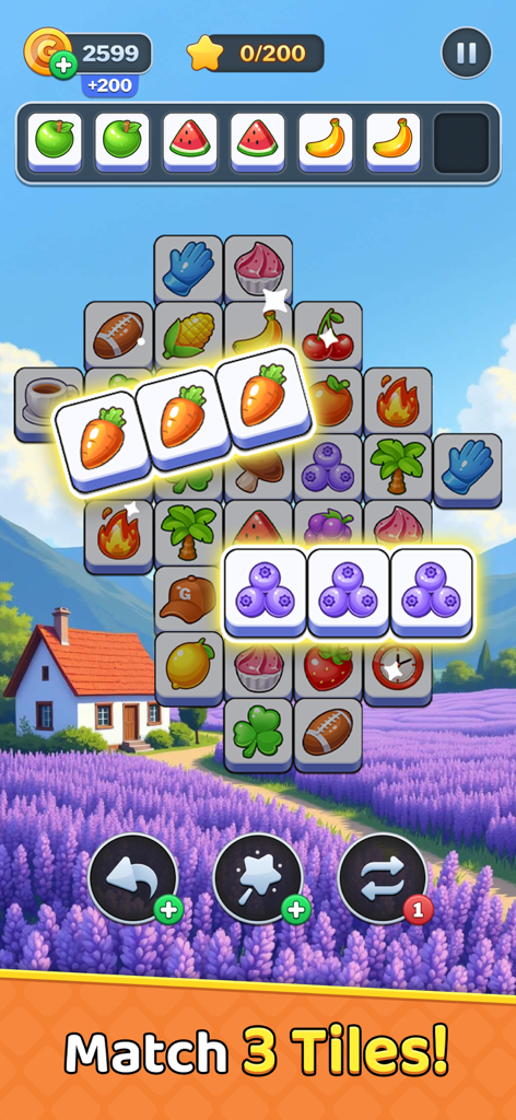 Tile Burst - Match Puzzle - Jugabilidad de Tile Burst mostrando un rompecabezas de triple combinación con fichas de frutas y un fondo de campo de lavanda