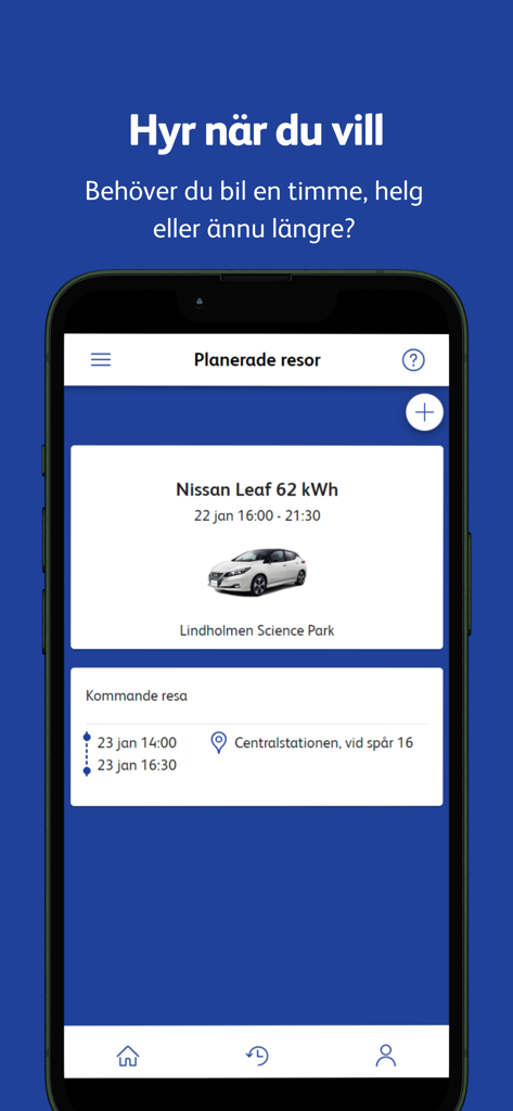 Mobile App-Bildschirm, der geplante Carsharing-Fahrten und eine Nissan Leaf-Reservierung in der OKQ8 Bilpool App anzeigt