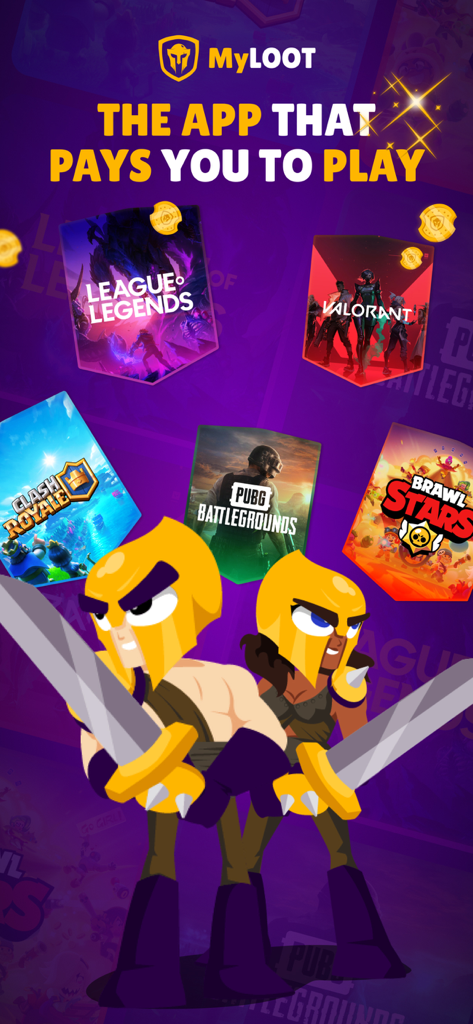 MyLOOT - Promotional screen for MyLOOT app featuring the slogan The app that pays you to play alongside popular games like Valorant and League of Legends