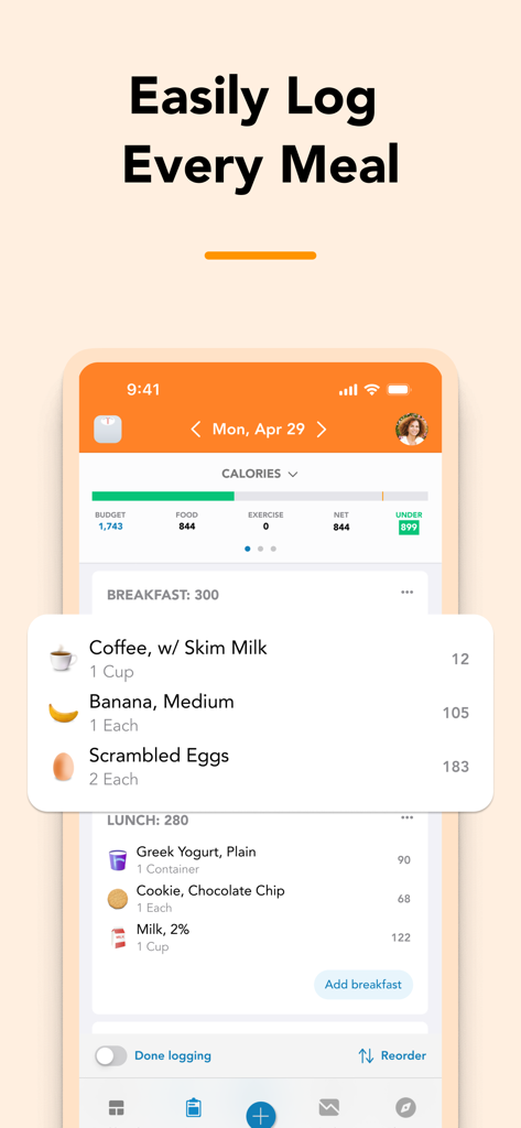 Interface of the Lose It! calorie counter app showing daily food logs and calorie budget status