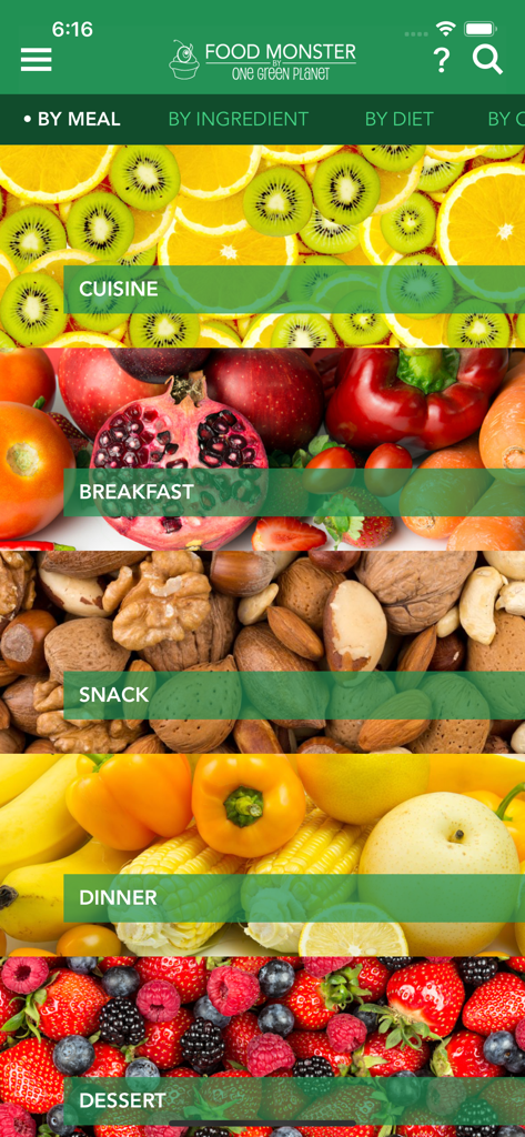 Food Monster - Vegan Recipes - Interface do aplicativo Food Monster mostrando categorias de refeições veganas como café da manhã, lanche e jantar com fotografia de alimentos vibrante