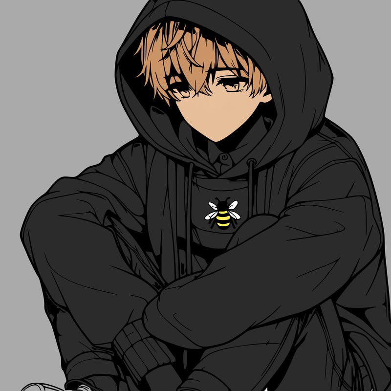 realistic anime boy sitting down with his hoodie bee his head looking down
