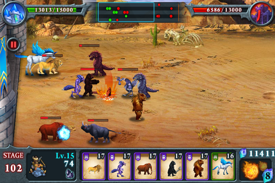 Uma cena de batalha estratégica em Fort Conquer com monstros evoluídos e defesa de várias fileiras