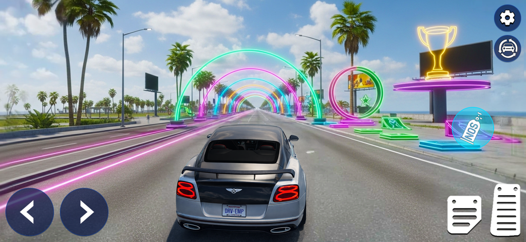 Race Master Car Racing Games - A silver sports car driving through neon arches on a tropical track in Race Master Car Racing Games