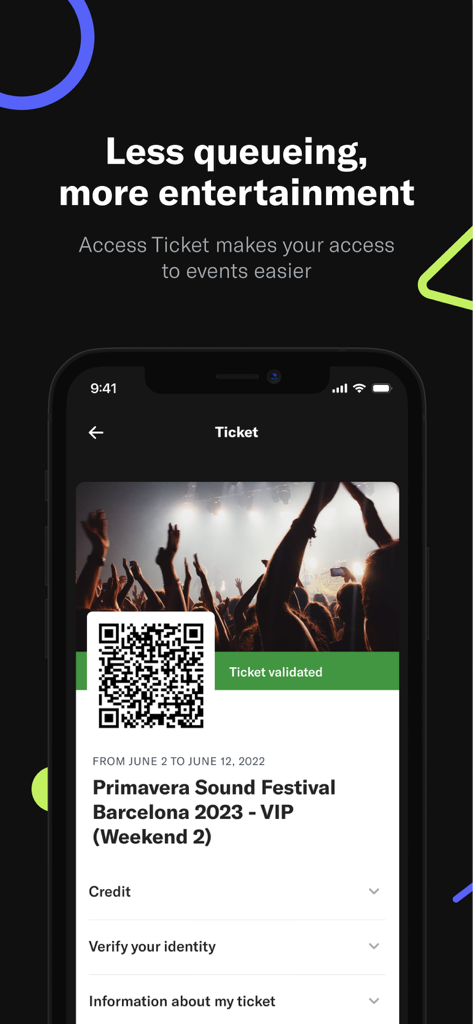 Entrada digital al evento con código QR para el Festival Primavera Sound en un dispositivo móvil.