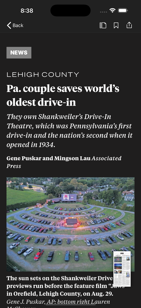A news article in the Patriot-News app about a couple saving a historic drive-in theater in Lehigh County Pennsylvania