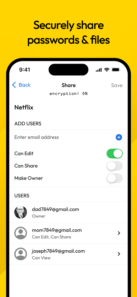 A mobile screen from Keeper app demonstrating secure password sharing and user permission management