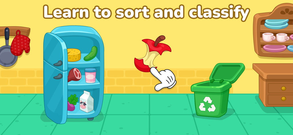 Puzzle mini games for kids - Jeu éducatif pour enfants montrant comment trier et classifier des aliments dans une cuisine