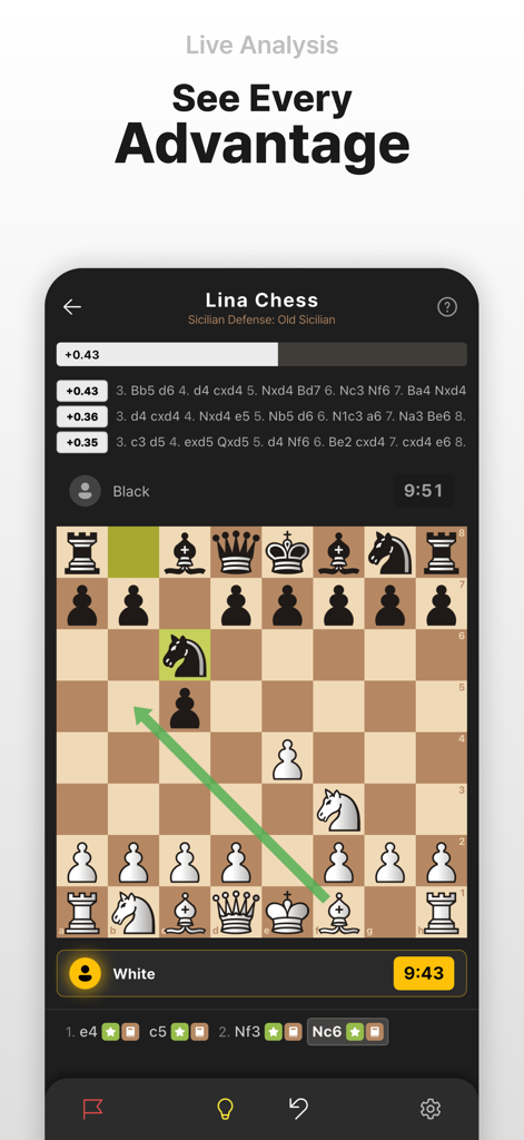 Interfaz de la aplicación Lina Chess mostrando análisis de motor en vivo con barra de evaluación y sugerencias de movimientos.
