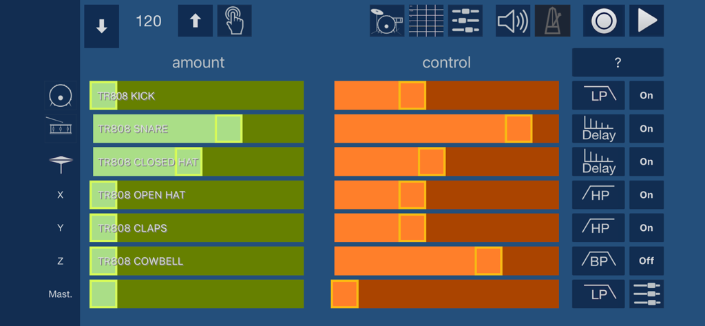 Interface utilisateur de l'application VoxBeat montrant des curseurs pour ajuster la quantité et le contrôle des sons de batterie TR808 comme le kick, la caisse claire et les charlestons.