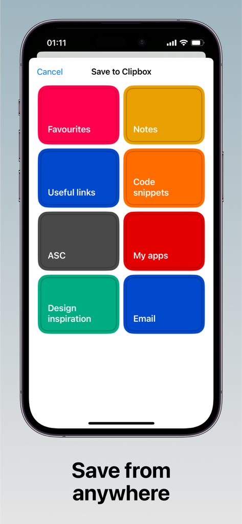 Clipbox Mobile-Oberfläche mit verschiedenen Kategorien zur Organisation gespeicherter Zwischenablageelemente wie Notizen und Code-Snippets