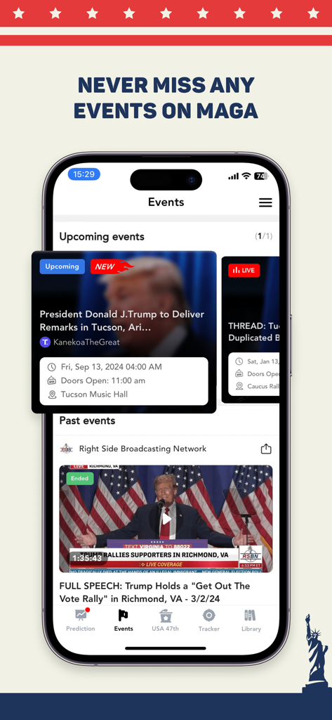 MAGA - Trump Tracker App - Pantalla de la aplicación MAGA Trump Tracker que muestra una lista de eventos próximos y pasados, incluidos los mítines de Trump