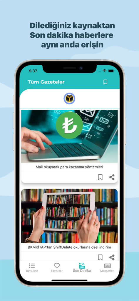 Gazeteler TR mobile app interface showing Turkish news headlines and breaking news feed