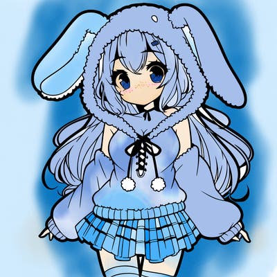 pretty anime girl wearing a fluffy hoodie with bunny ears on the hood and a skirt