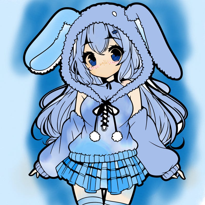 pretty anime girl wearing a fluffy hoodie with bunny ears on the hood and a skirt